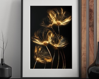 Golden Dandelions Digital Art Print – Elegant Glowing Floral Wall Decor – Modern Minimalist Botanical Download