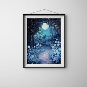 Moonlit Enchanted Garden Path – Mystical Night Forest Wall Art – Dreamy Floral Glow Print