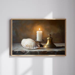 May include: A framed still life painting featuring a lit white candle in a decorative holder, a large seashell, and a brass bell. The candle flame glows against a dark background, highlighting the objects. The painting has a vintage aesthetic.