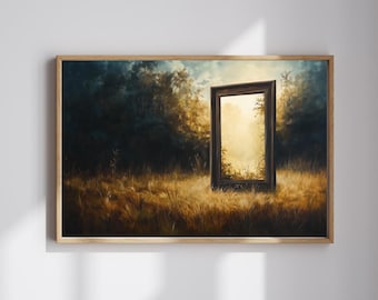 May include: A painting of a dark forest with a large, open wooden frame in the center. The frame is empty, but it appears to be a window into a bright, sunny field.