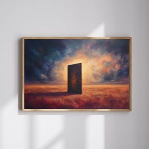 Pode incluir: Uma pintura de uma grande porta marrom escura em pé em um campo de grama alta. O céu acima é uma mistura dramática de nuvens azul escuro, roxo e laranja.