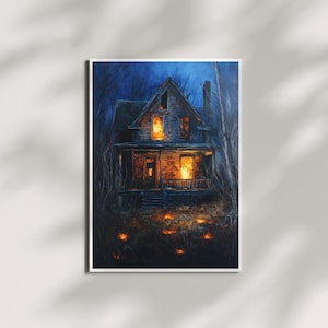 May include: A painting of a dark, dilapidated house with glowing windows in the woods at night. The house is lit from within, casting a warm glow on the surrounding trees.
