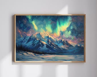 May include: A framed landscape painting depicts snow-covered mountains under a vibrant aurora borealis. The sky is filled with swirling blues, greens, and yellows, with a hint of pink. The artwork is in a wooden frame.