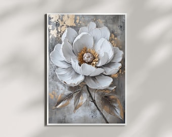 Impression d'art de fleurs blanches texturées : accent doré, floral élégant (téléchargement numérique)