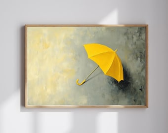 Pausa nella tempesta - Arte murale minimalista con ombrello giallo / Dipinto con atmosfera da giorno di pioggia / Download digitale