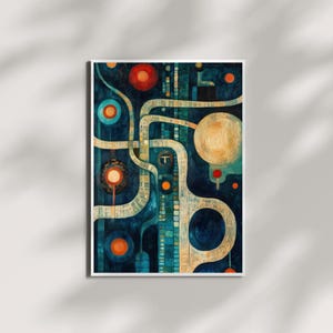 Könnte beinhalten: Abstraktes Gemälde mit blauem Hintergrund und weißen, gelben und roten Kreisen. Die Kreise sind durch weiße Linien verbunden, die ein labyrinthartiges Muster bilden.