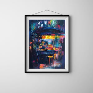 カラフルなストリートBBQスタンドの油絵 - ネオンナイトフードアート - 都会のストリートフードの壁飾り