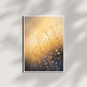Golden Meadow Whispers – Dreamy Wildflower Field Painting | Soft Botanical Wall Art | Golden Hour Nature Print | Digital Download
