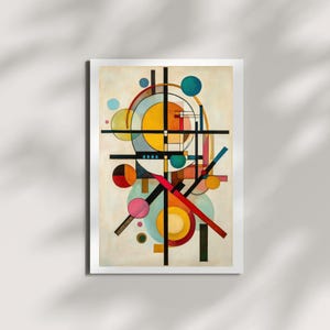 May include: Abstract geometric painting with a white background and a central circle with yellow, red, and blue colors. The painting features intersecting lines and circles in various sizes and colors.