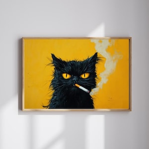 Noir Mood – Scruffy Black Cat with Yellow Eyes & Cigarette | Bold Urban Feline Wall Art | Digital Download