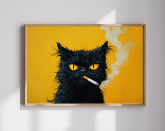 Ambiente Noir: Gato negro desaliñado con ojos amarillos y cigarrillo / Arte mural felino urbano audaz / Descarga digital