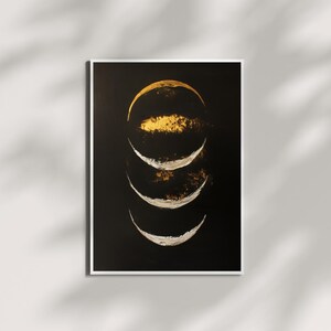 Lunar Echoes – Abstract Textured Gold & Silver Crescent Trio on Black | Minimalist Wall Decor | Digital Download