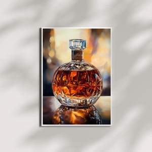May include: A clear glass bottle with a textured surface, filled with amber liquid. The bottle has a round shape and a stopper with a crystal-like design. The bottle is sitting on a reflective surface, reflecting the light.