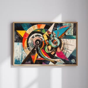 Pode incluir: Pintura abstrata com formas geométricas em tons de azul, vermelho, amarelo, verde e preto. A pintura apresenta um desenho circular central com círculos concêntricos e um padrão em espiral.