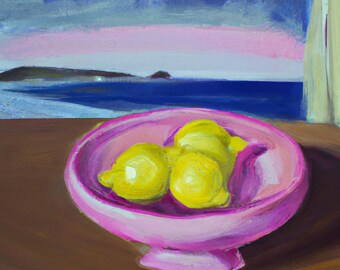 Colorful Wall Art- Lemons in a Pink Bowl Painting