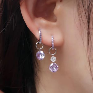 Purple Zircon 925 Sterling Silver A pair of Hoop Earrings: Minimalist Two-In-One Style