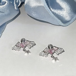 Pink Angel Wing Earrings: Titanium Steel, Zirconia Studs