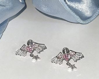 Pink Angel Wing Earrings: Titanium Steel, Zirconia Studs