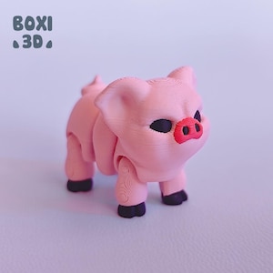 May include: A pink 3D printed pig figurine with black eyes and a red snout. The pig is standing on all four legs and has a textured surface.
