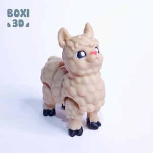May include: A small, beige, fuzzy alpaca toy with black hooves and large, black eyes. The toy has a pink nose and is made of plastic.