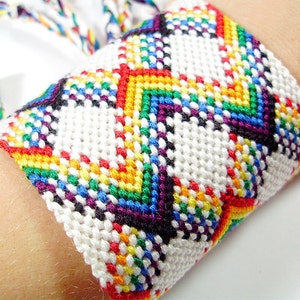 Rainbow Friendship Bracelet Cuff - Double Wide Plaid Bracelet - Made to Order - Rainbow with White - LGBTQ Pride Bracelet - Bright Colors image 3