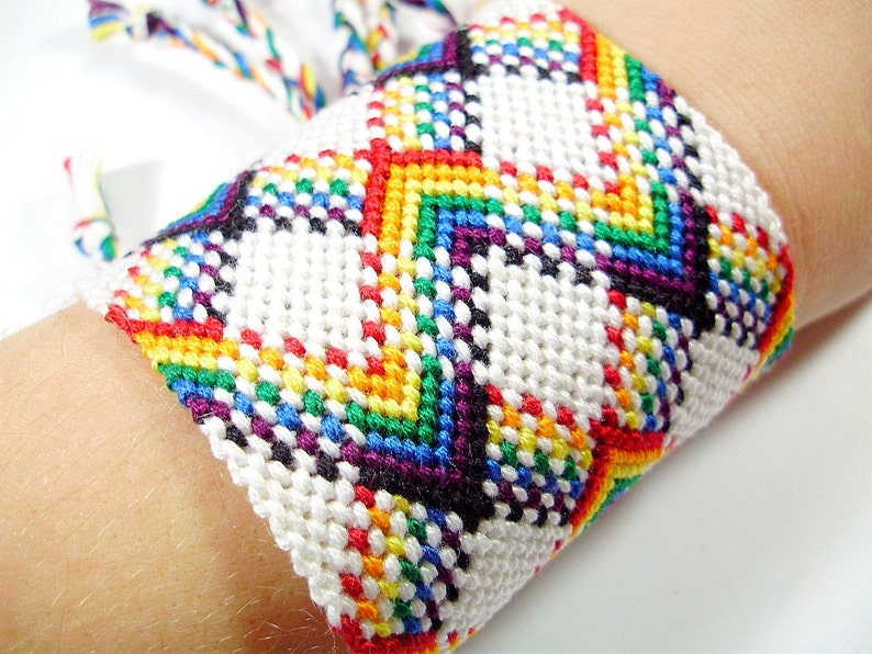 Rainbow Friendship Bracelet Cuff - Double Wide Plaid Bracelet - Made to Order - Rainbow with White - LGBTQ Pride Bracelet - Bright Colors image 3