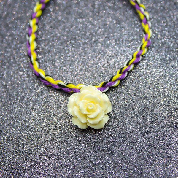 Nonbinary Flag Friendship Bracelet with Cream Rose Charm, LGBTQ Pride Adjustable Bracelet, Non-Binary Pride Jewelry, Queer Pride Month