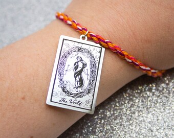 Lesbian Pride Flag, Metal Tarot Charm, Major Arcana, Rope Bracelet, Sunset Lesbian Flag, LGBT Pride Bracelet, Queer Pride Month, WLW Jewelry