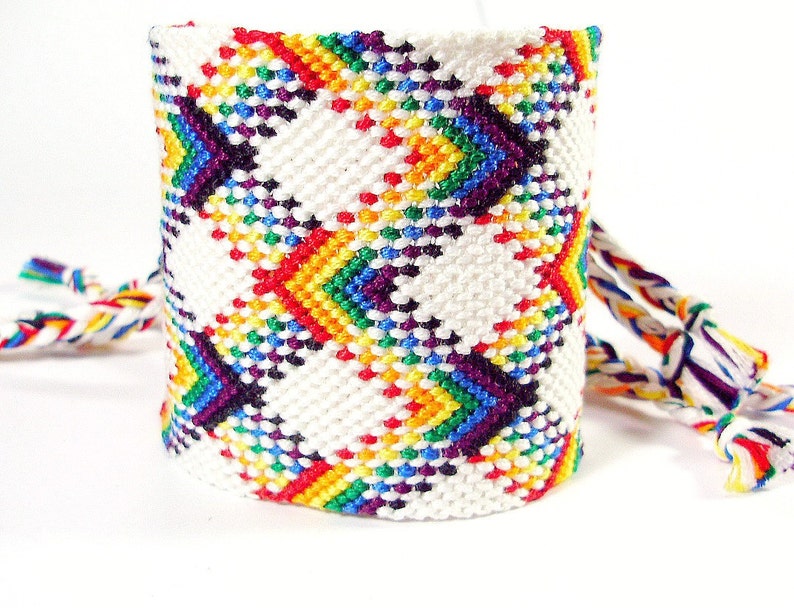 Rainbow Friendship Bracelet Cuff - Double Wide Plaid Bracelet - Made to Order - Rainbow with White - LGBTQ Pride Bracelet - Bright Colors image 1