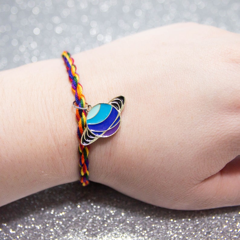 Dark Rainbow Friendship Bracelet with Heart with Blue Saturn Charm, Birthday Gift for Her, Adjustable Ankle Bracelet, LGBT Pride Bracelet image 1