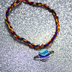 Dark Rainbow Friendship Bracelet with Heart with Blue Saturn Charm, Birthday Gift for Her, Adjustable Ankle Bracelet, LGBT Pride Bracelet image 2