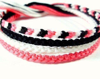 Pink, Black, and White  Friendship Bracelet Set - Adjustable Bracelets/Anklets - Beach Bracelets - Bright Pink - Soft Cotton Bracelets