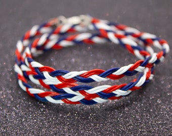 Red White Blue Leather Wrap Bracelet, Genuine Leather, Braided Friendship Bracelet, Unique Gift for Him, Adjustable, Patriotic Jewelry