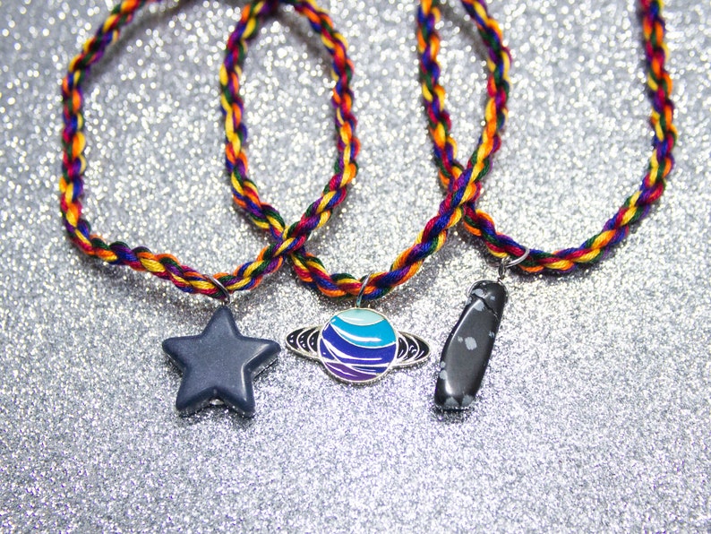 Dark Rainbow Friendship Bracelet with Heart with Blue Saturn Charm, Birthday Gift for Her, Adjustable Ankle Bracelet, LGBT Pride Bracelet image 3