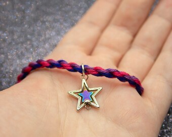 Bisexual Flag Twist Friendship Bracelet with Rainbow Star Charm, LGBT Pride Adjustable Anklet, Bi Pride Jewelry, Queer Pride Bracelet