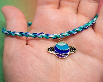 MLM Pride Bracelet: Blue Purple Saturn Charm, Adjustable Rope