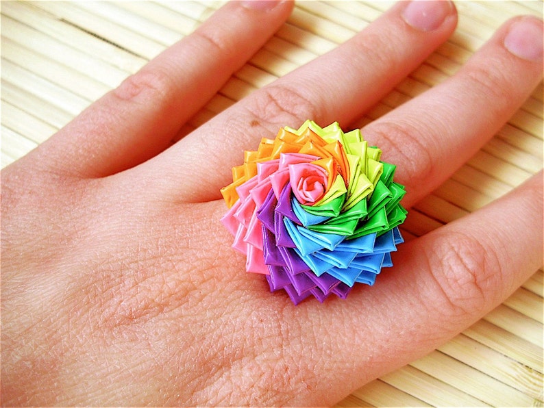 Neon Rainbow, Duct Tape Rose Ring, Duck Tape Jewelry, Adjustable Ring, Flower Jewelry, LGBTQ Pride Jewelry, Queer Pride Month, Summer image 2