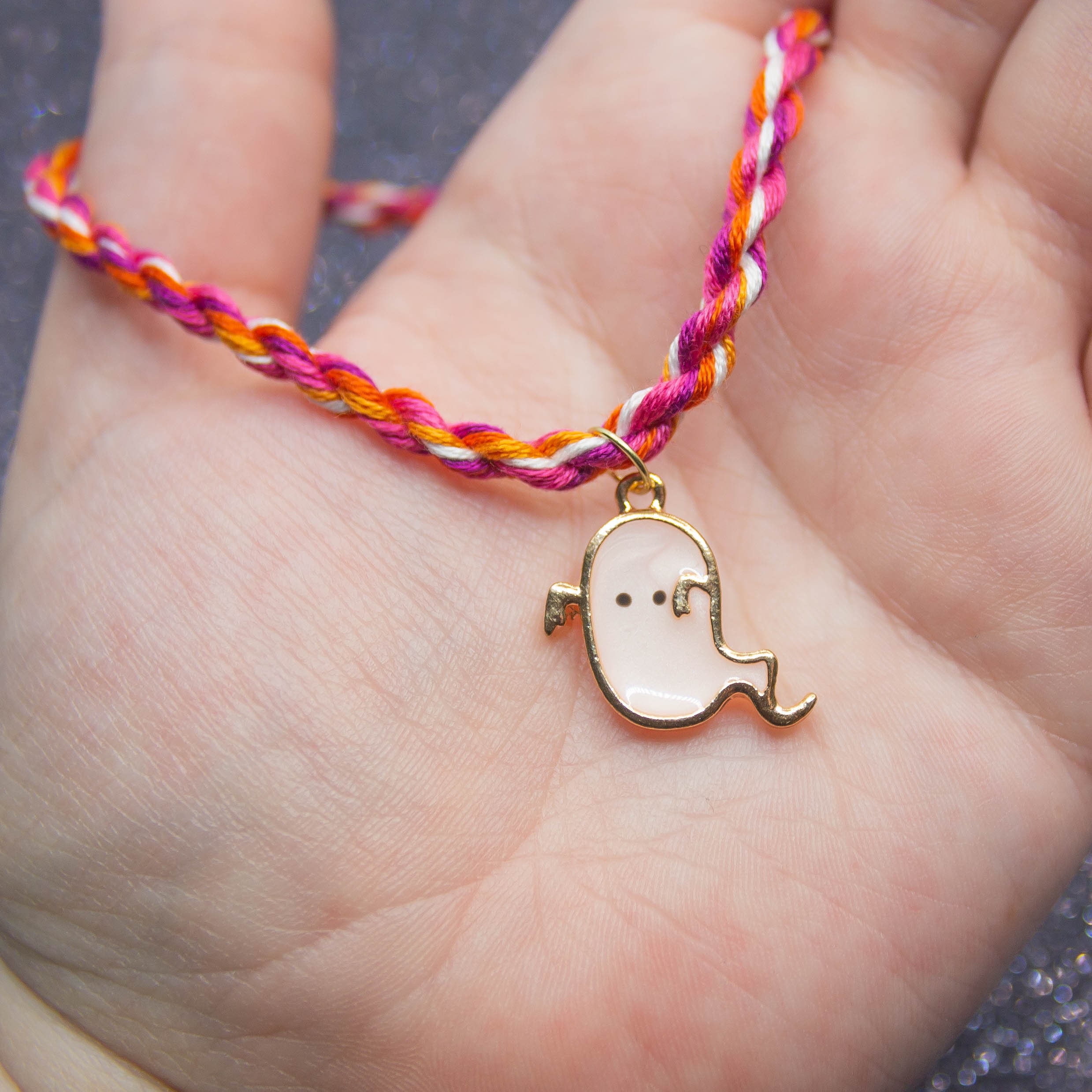 Sunset Lesbian Flag, Pastel Pink Ghost Charm, Rope Bracelet, Lesbian Pride, LGBT Pride Bracelet, Unique Gift for Her, Queer Pride Month