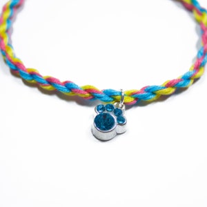 May include: A braided friendship bracelet with a blue paw print charm. The bracelet is made with yellow, pink, and blue thread.