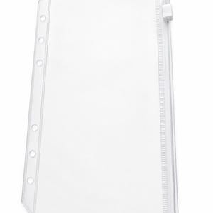 May include: A clear, rectangular plastic zipper pouch designed for a binder. The left side features a reinforced strip with six evenly spaced circular holes for ring binding, while the right side includes a white plastic zipper closure mechanism.