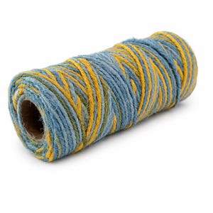 May include: A cylindrical spool of twine featuring a multi-colored twisted fiber design. The cord is composed of alternating strands of muted blue, bright yellow, and olive green, wrapped tightly around a central cardboard core tube.