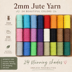 May include: A collection of 24 spools of 2mm jute yarn in various colors, including blue, red, and green. Each spool contains 100 meters of natural and durable yarn, perfect for crochet, knitting, and gift wrapping. The text reads "2mm Jute Yarn" and "24 stunning shades."