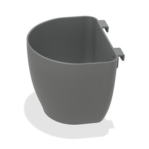 May include: A gray, semi-circular planter with two integrated hanging brackets. The planter has a smooth, matte finish and a rounded bottom. The overall design is simple and modern, suitable for small plants or herbs. The planter is approximately 8 inches wide.