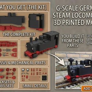 May include: A G-scale German steam locomotive 3D printed model kit. The image displays the kit components including the chassis, mechanical parts, wheelsets, and small details, alongside an assembled model on train tracks with text labels.