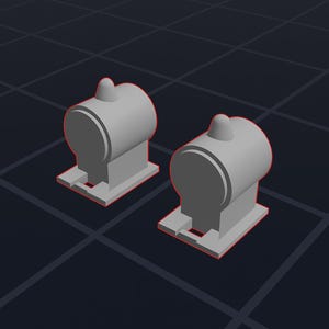 以下が含まれることがあります： 丸みを帯びた上部とベースを備えた2つの灰色の円筒形オブジェクト。おそらく産業用コンポーネントまたはミニチュアモデルです。オブジェクトは、デジタルレンダリングまたは技術イラストを示唆する、グリッドパターンを持つ暗い背景に設定されています。