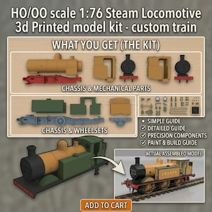 Puede incluir: Un kit de modelo de locomotora de vapor impreso en 3D a escala HO/OO 1:76. Incluye chasis, piezas mecánicas, juegos de ruedas y varios componentes. El kit cuenta con una guía simple, guía detallada, componentes de precisión y guía de pintura.
