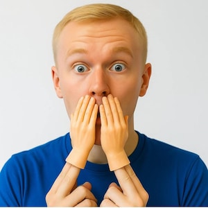 Puede incluir: Una persona de piel clara y ojos azules con una camiseta azul, con expresión de sorpresa. Dos pequeñas marionetas de mano de color beige cubren la boca, creando un efecto humorístico.