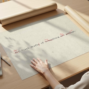 Puede incluir: Un p&oacute;ster beige con el texto "The all first drafts of everything are garbage" en tinta negra y roja. Dos tubos de papel marr&oacute;n enrollados est&aacute;n sobre la mesa de madera. Una mano descansa sobre el p&oacute;ster.