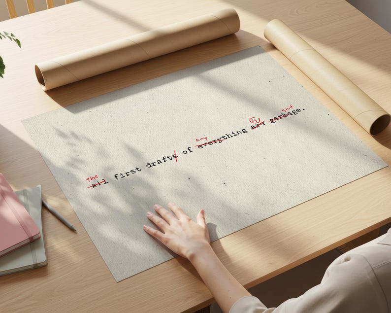Puede incluir: Un p&oacute;ster beige con el texto "The all first drafts of everything are garbage" en tinta negra y roja. Dos tubos de papel marr&oacute;n enrollados est&aacute;n sobre la mesa de madera. Una mano descansa sobre el p&oacute;ster.