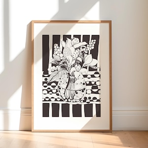 Arte mural floral en blanco y negro: impresión digital botánica monocromática, póster minimalista de florero, decoración del hogar imprimible con estética moderna.
